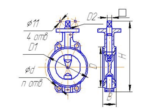 Затвор дисковый поворотный 32ч901р под привод СХЕМА (фланцевое присоединение)